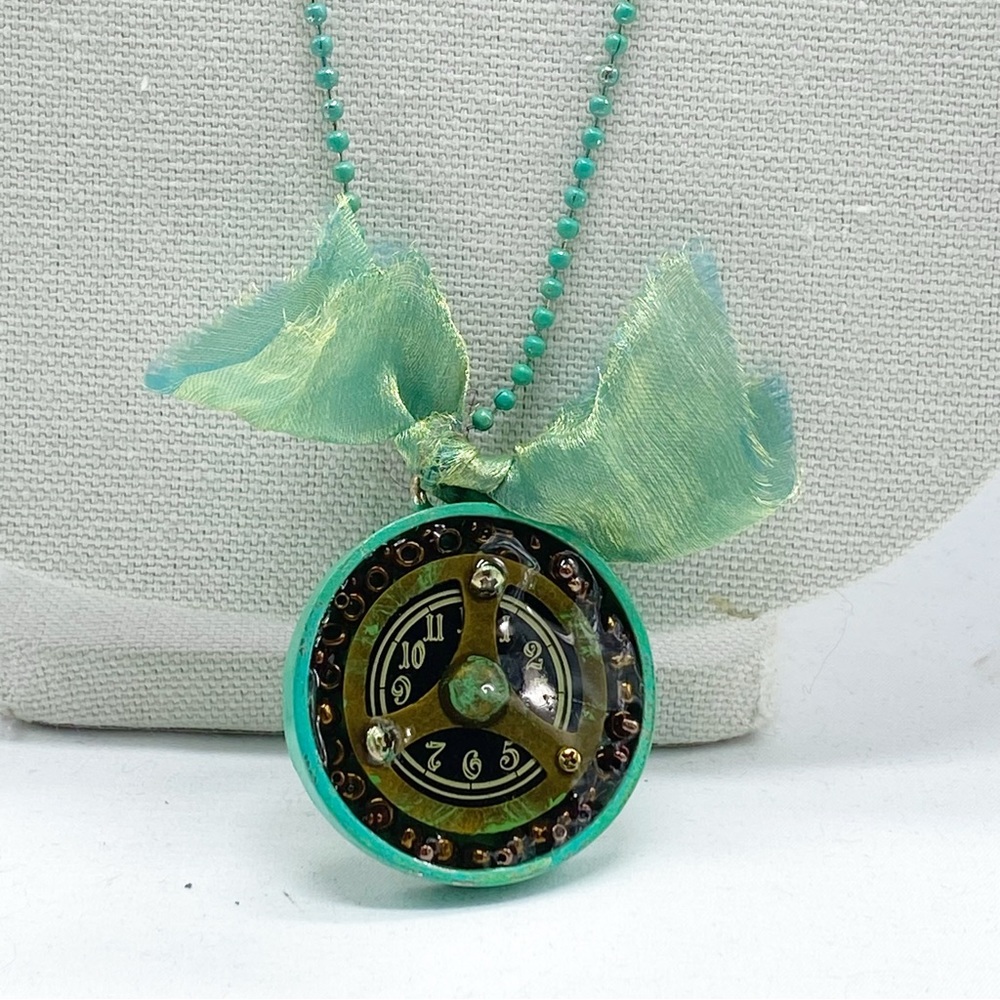 Steampunk Clock Resin Necklace Green Patina NEW Handcrafted
